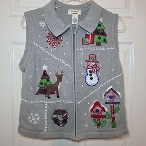 Bechamel Woman Gray Christmas Snowman Zip Front Holiday Vest Size L